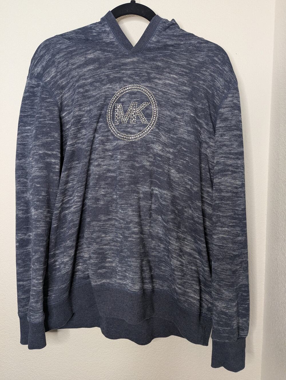 Michael Kors Women's Heather Blue Hoodie XL Studded Logo Soft Cozy Cottagecore